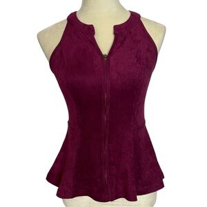 Maroon zip front halter sleeveless faux suede feel peplum top, medium